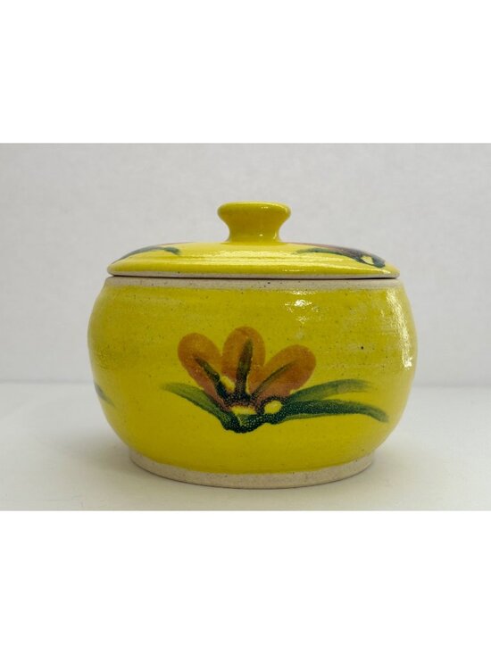 Other - Vintage Vibrant Yellow Lidded Pottery Jar Floral Cottagecore Farmhouse Country